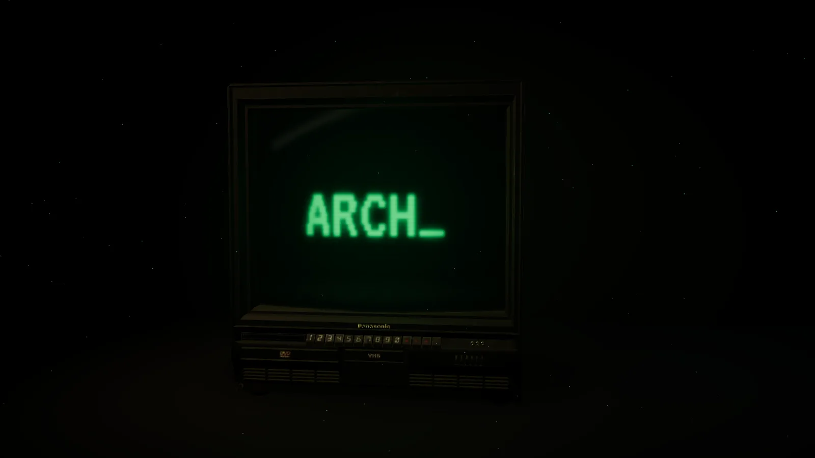 Une vieille télé dans une pièce sombre, ARCH_ à l'écran